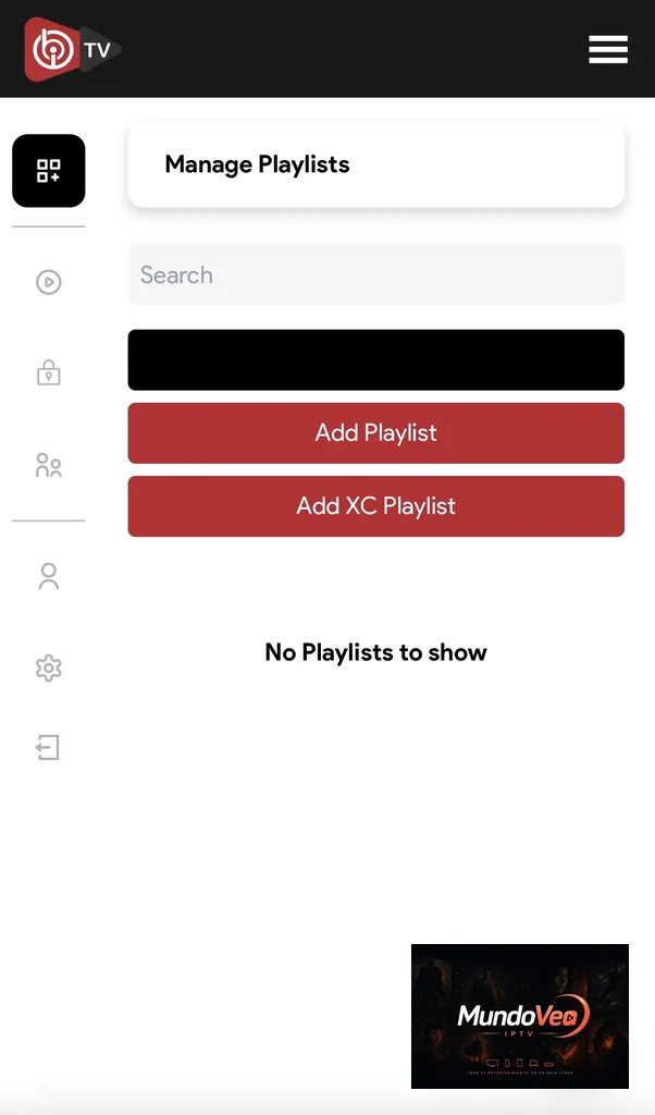 Step 5 — Open Manage Playlists in IBO Player IBO Player Manage Playlists page for adding an IPTV playlist