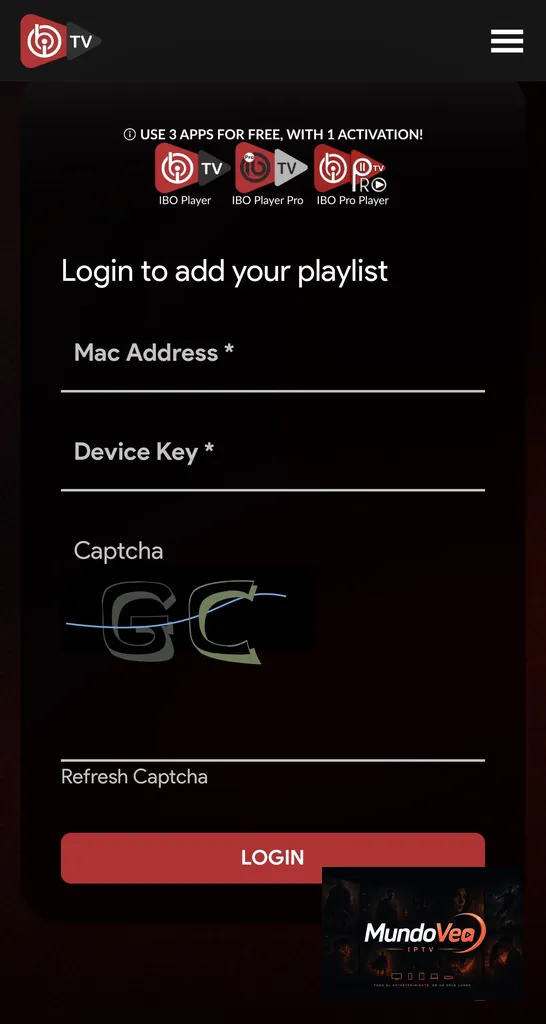 Step 4 — Log in to the IBO Player management portal Logging in to the IBO Player portal with MAC Address and Device Key